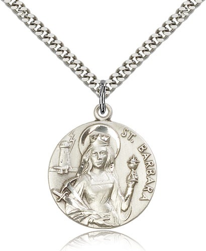 St. Barbara Medal, Sterling Silver - 24" 2.4mm Rhodium Plate Endless Chain