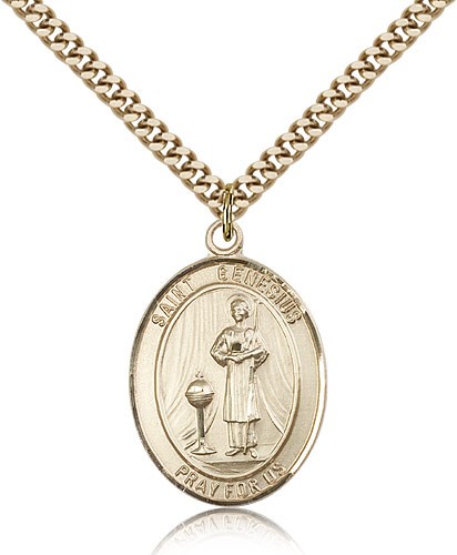 St. Genesius of Rome Medal, Gold Filled, Large - 24" 2.4mm Gold Plated Chain + Clasp