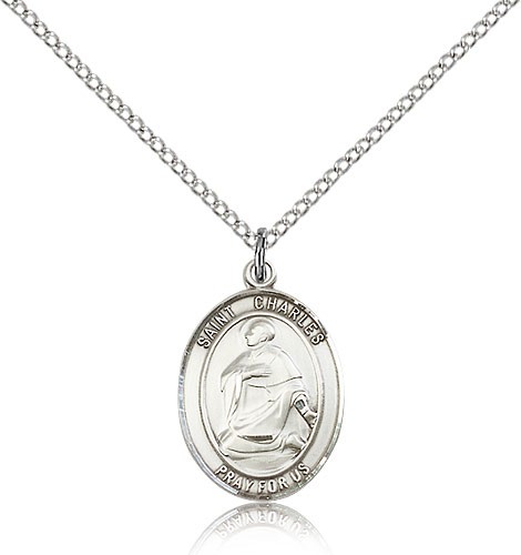 St. Charles Borromeo Medal, Sterling Silver, Medium - 18" 1.2mm Sterling Silver Chain + Clasp