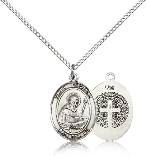 St. Benedict Medal, Sterling Silver, Medium - 18" 1.2mm Sterling Silver Chain + Clasp