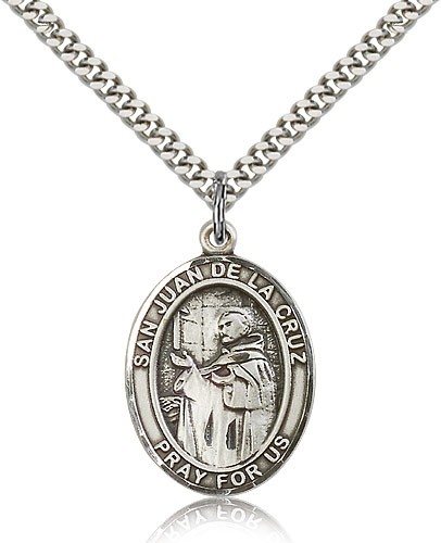 San Juan De La Cruz Medal, Sterling Silver, Large - 24" 2.4mm Rhodium Plate Chain + Clasp