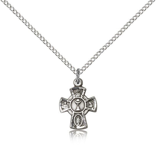 5 Way Cross Chalice Medal, Sterling Silver - 18" 1.2mm Sterling Silver Chain + Clasp