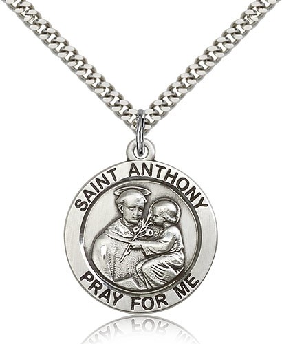 Large Sterling Silver Saint Anthony Pendant - 24" 2.4mm Rhodium Plate Endless Chain