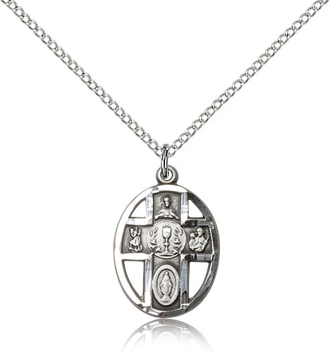 5 Way Cross Chalice Medal, Sterling Silver - 18" 1.2mm Sterling Silver Chain + Clasp