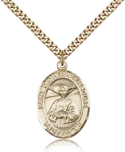 St. Catherine Laboure Medal, Gold Filled, Large - 24" 2.4mm Gold Plated Chain + Clasp