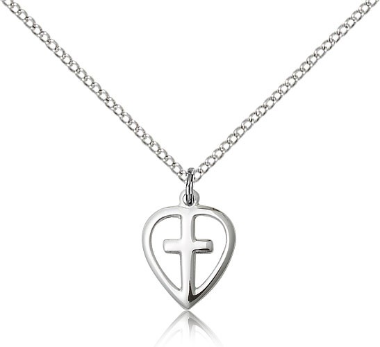 Heart Cross Pendant, Sterling Silver - 18" 1.2mm Sterling Silver Chain + Clasp