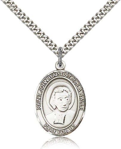 St. John Baptist De La Salle Medal, Sterling Silver, Large - 24" 2.4mm Rhodium Plate Chain + Clasp