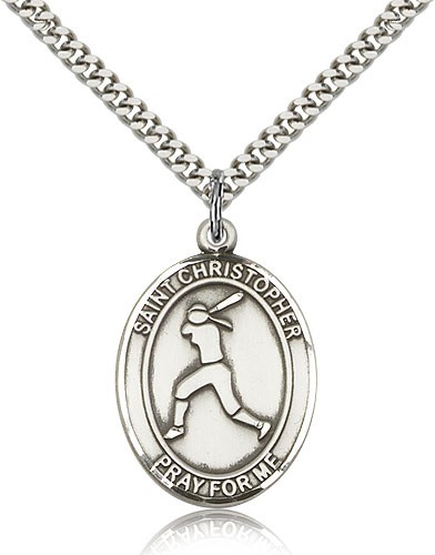 St. Christopher Softball Medal, Sterling Silver, Large - 24" 2.4mm Rhodium Plate Chain + Clasp