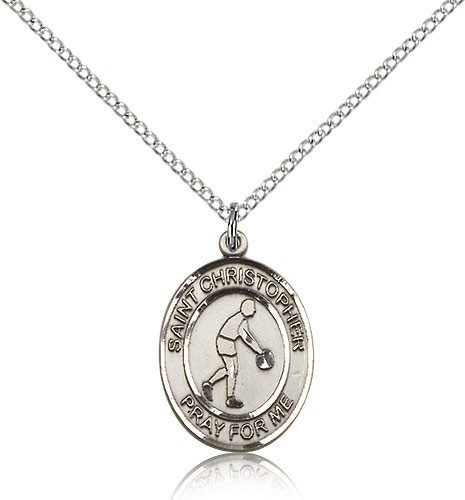 St. Christopher Basketball Medal, Sterling Silver, Medium - 18" 1.2mm Sterling Silver Chain + Clasp