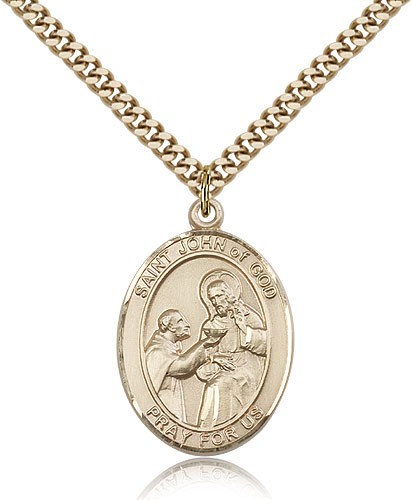 St. John of God Medal, Gold Filled, Large - 24" 2.4mm Gold Plated Chain + Clasp