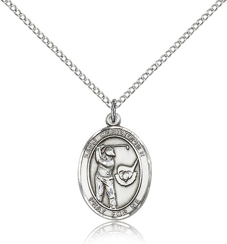 St. Christopher Golf Medal, Sterling Silver, Medium - 18" 1.2mm Sterling Silver Chain + Clasp