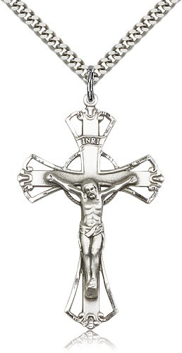 Crucifix Pendant, Sterling Silver - 24" 2.4mm Rhodium Plate Chain + Clasp