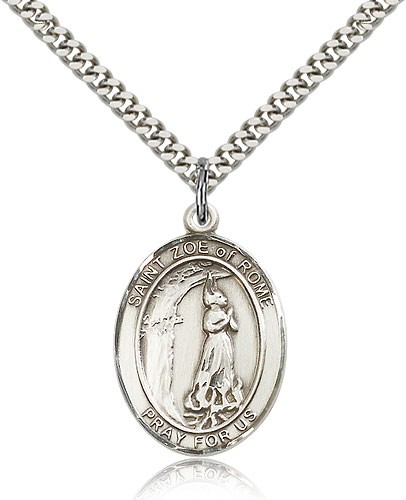St. Zoe of Rome Medal, Sterling Silver, Large - 24" 2.4mm Rhodium Plate Chain + Clasp