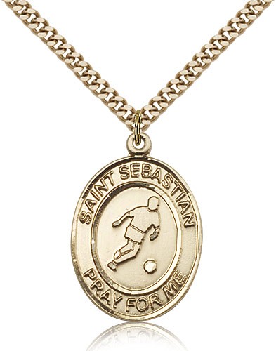 St. Sebastian Soccer Medal, Gold Filled, Large - 24" 2.4mm Gold Plated Chain + Clasp