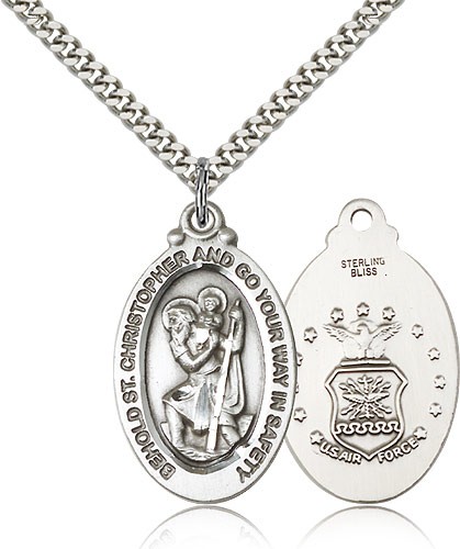 St. Christopher Air Force Medal, Sterling Silver - 24" 2.4mm Rhodium Plate Endless Chain