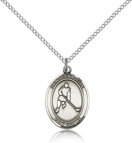 St. Sebastian Ice Hockey Medal, Sterling Silver, Medium - 18" 1.2mm Sterling Silver Chain + Clasp