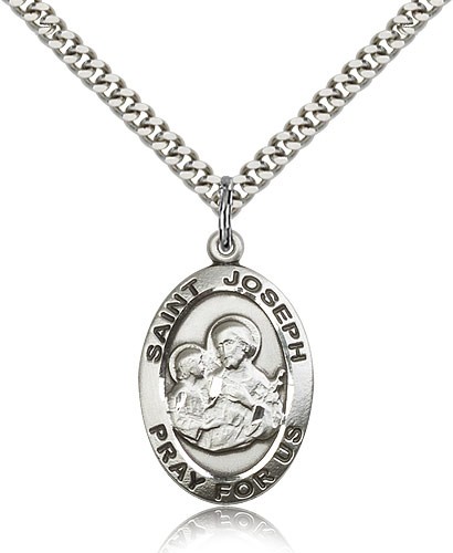 St. Joseph Medal, Sterling Silver - 24" 2.4mm Rhodium Plate Endless Chain
