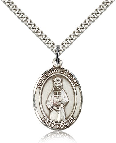 Our Lady of Hope Medal, Sterling Silver, Large - 24" 2.4mm Rhodium Plate Chain + Clasp