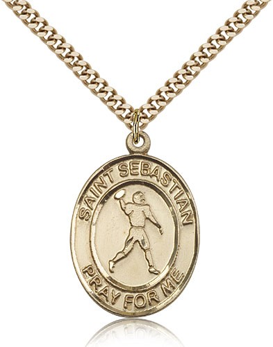 St. Sebastian Football Medal, Gold Filled, Large - 24" 2.4mm Gold Plated Chain + Clasp