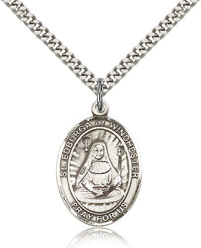 St. Edburga of Winchester Medal, Sterling Silver, Large - 24" 2.4mm Rhodium Plate Chain + Clasp