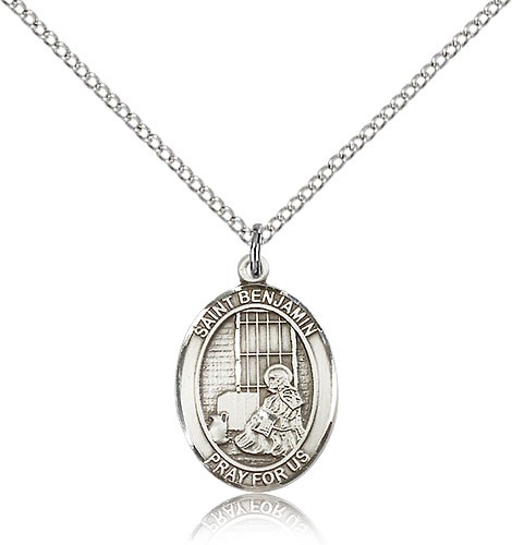 St. Benjamin Medal, Sterling Silver, Medium - 18" 1.2mm Sterling Silver Chain + Clasp