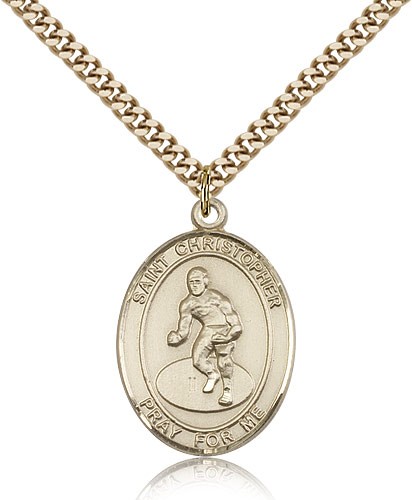 St. Christopher Wrestling Medal, Gold Filled, Large - 24" 2.4mm Gold Plated Chain + Clasp