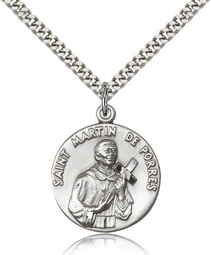St. Martin De Porres Medal, Sterling Silver - 24" 2.4mm Rhodium Plate Endless Chain