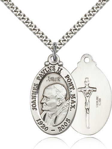 Pope John Paul II Medal, Sterling Silver - 24" 2.4mm Rhodium Plate Endless Chain