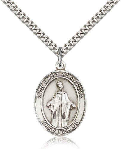 Our Lady of Africa Medal, Sterling Silver, Large - 24" 2.4mm Rhodium Plate Chain + Clasp