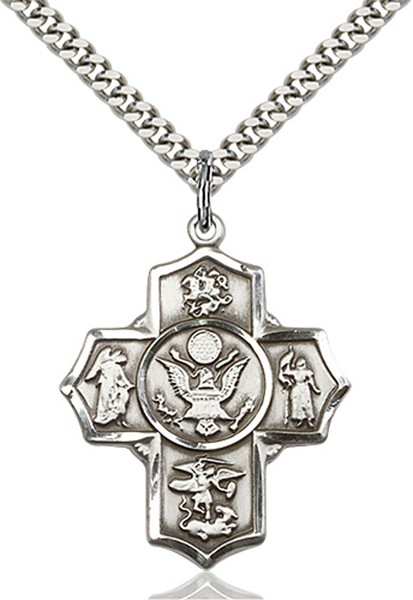 5 Way Cross Army Medal, Sterling Silver - 24" 2.4mm Rhodium Plate Endless Chain
