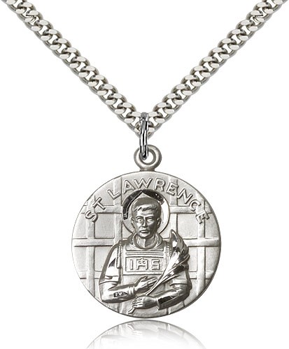 St. Lawrence Medal, Sterling Silver - 24" 2.4mm Rhodium Plate Endless Chain