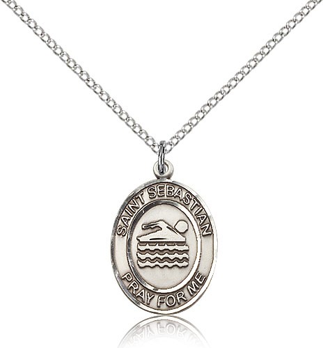 St. Sebastian Swimming Medal, Sterling Silver, Medium - 18" 1.2mm Sterling Silver Chain + Clasp