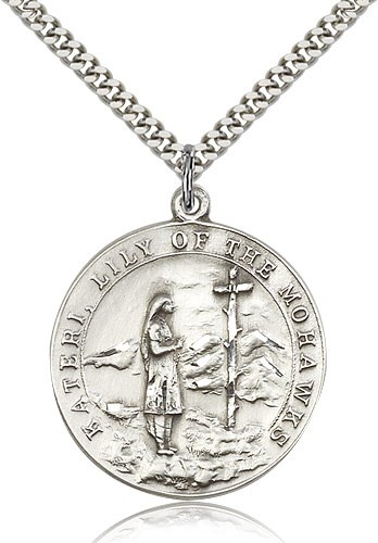 St. Kateri Medal, Sterling Silver - 24" 2.4mm Rhodium Plate Endless Chain