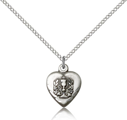 Heart Communion Medal, Sterling Silver - 18" 1.2mm Sterling Silver Chain + Clasp