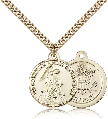 Army Guardian Angel Medal, Gold Filled - 24" 2.4mm Gold Plated Endless Chain