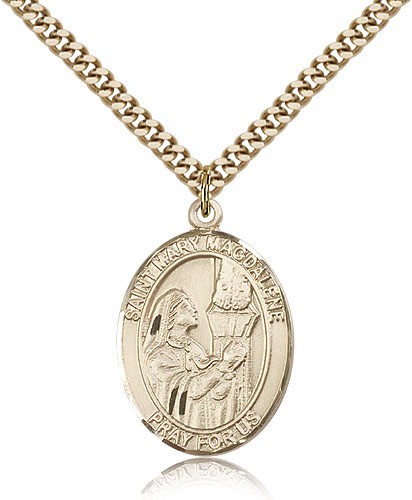 St. Mary Magdalene Medal, Gold Filled, Large - 24" 2.4mm Gold Plated Chain + Clasp