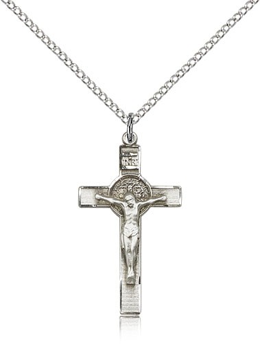 Women's Sterling Silver St. Benedict Crucifix Pendant - 18" 1.2mm Sterling Silver Chain + Clasp