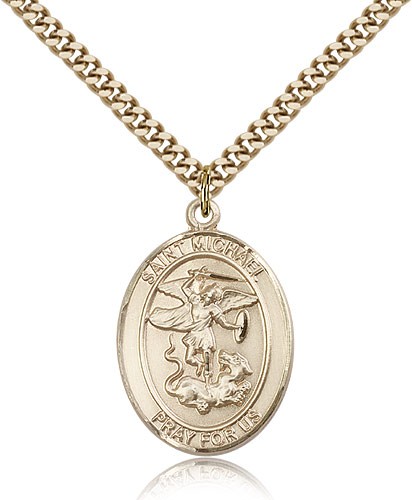 St. Michael the Archangel Medal, Gold Filled, Large - 24" 2.4mm Gold Plated Chain + Clasp