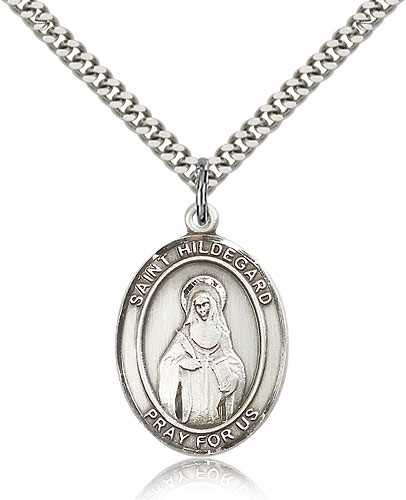 St. Hildegard Von Bingen Medal, Sterling Silver, Large - 24" 2.4mm Rhodium Plate Chain + Clasp