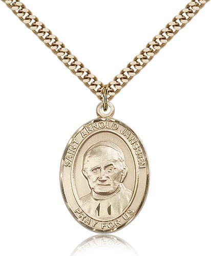 St. Arnold Janssen Medal, Gold Filled, Large - 24" 2.4mm Gold Plated Chain + Clasp
