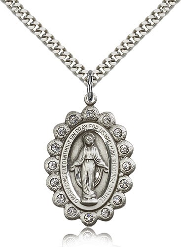 Miraculous Medal, Sterling Silver - 24" 2.4mm Rhodium Plate Endless Chain