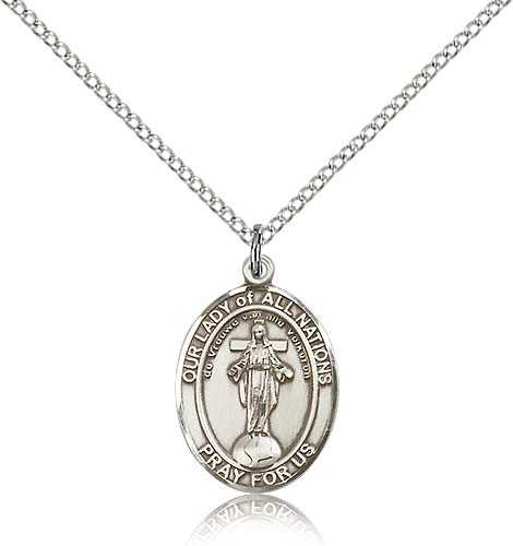 Our Lady of All Nations Medal, Sterling Silver, Medium - 18" 1.2mm Sterling Silver Chain + Clasp