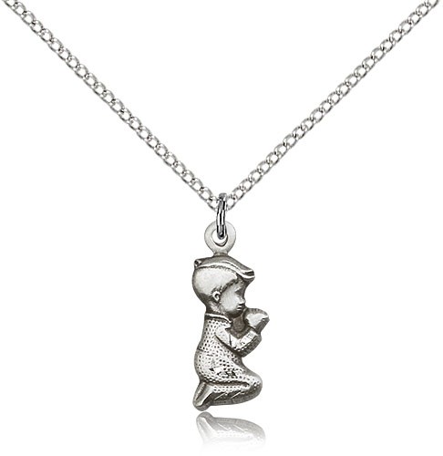 Praying Boy Medal, Sterling Silver - 18" 1.2mm Sterling Silver Chain + Clasp