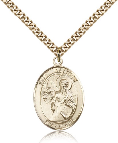 St. Matthew the Apostle Medal, Gold Filled, Large - 24" 2.4mm Gold Plated Chain + Clasp