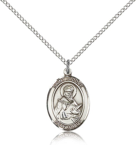 St. Isidore of Seville Medal, Sterling Silver, Medium - 18" 1.2mm Sterling Silver Chain + Clasp