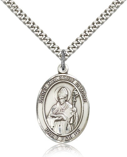 St. Malachy O'more Medal, Sterling Silver, Large - 24" 2.4mm Rhodium Plate Chain + Clasp