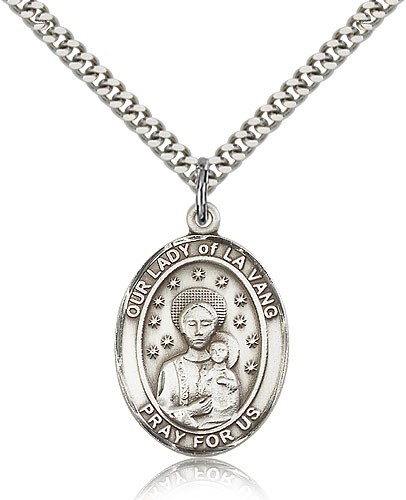 Our Lady of La Vang Medal, Sterling Silver, Large - 24" 2.4mm Rhodium Plate Chain + Clasp