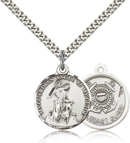 Coast Guard Guardain Angel Medal, Sterling Silver - 24" 2.4mm Rhodium Plate Endless Chain