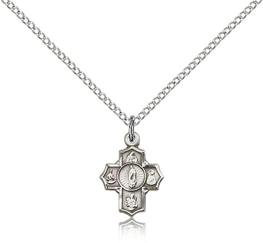 5 Way Cross Motherhood Medal, Sterling Silver - 18" 1.2mm Sterling Silver Chain + Clasp