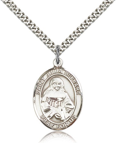 St. Julia Billiart Medal, Sterling Silver, Large - 24" 2.4mm Rhodium Plate Chain + Clasp